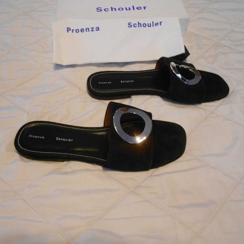 Circular Silver-tone Accented Suede Slides